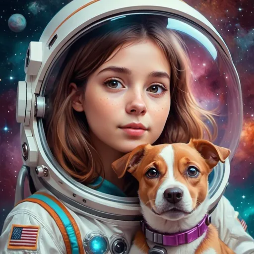 Prompt: Cute brown-haired girl and her dog floating in space, vibrant colors, cosmic background, detailed facial features, high quality, digital art, cute and dreamy style, cosmic colors, glowing stars and galaxies, adorable dog with a space suit, futuristic technology, space exploration, vibrant and dreamy, highres, ultra-detailed, digital art, cute, cosmic, dreamy, detailed facial features, floating, space exploration, vibrant colors, futuristic technology, cosmic background, adorable dog