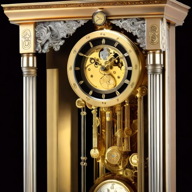 Prompt: large beautiful golden , silver, grandfather clock in space 9k