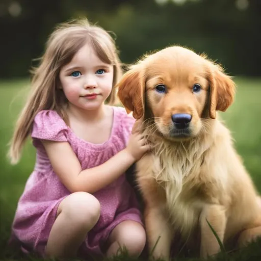 Prompt: little beautiful girl with golden retriever puppy 2k