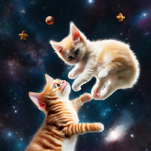 Prompt: finger kitten with ginger puppy in space with stars 6k