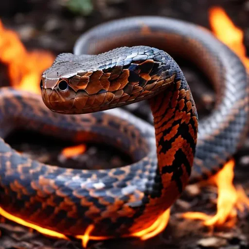 Prompt: bloody snake in burning ashes