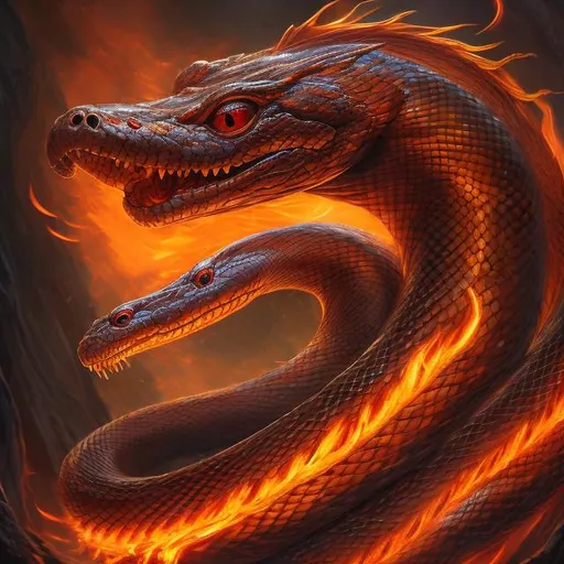 Prompt: Majestic fire-breathing snake, large and coiled, vibrant and beautiful, high-res, digital art, fantasy, fiery tones, intense lighting, detailed scales, mythical creature, mesmerizing eyes, magical atmosphere