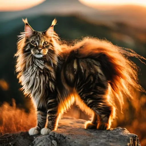 Prompt: a Maine coon with brown fur, yellow eyes, long tall, standing up on a moutain with wind blowing her.  sunset with Human baby gril