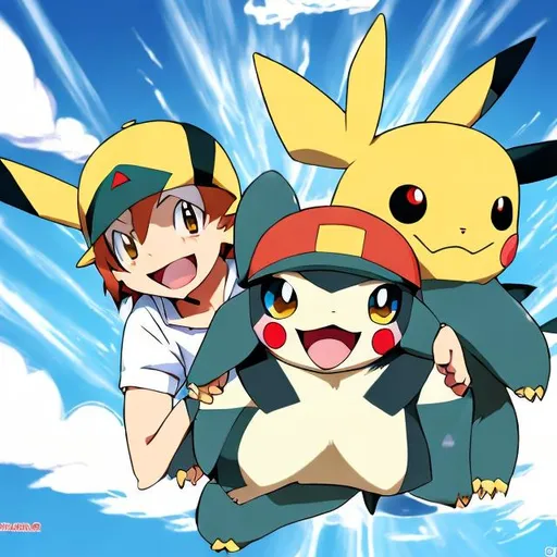 Prompt: pokemon and little boy happy anime in a magical world