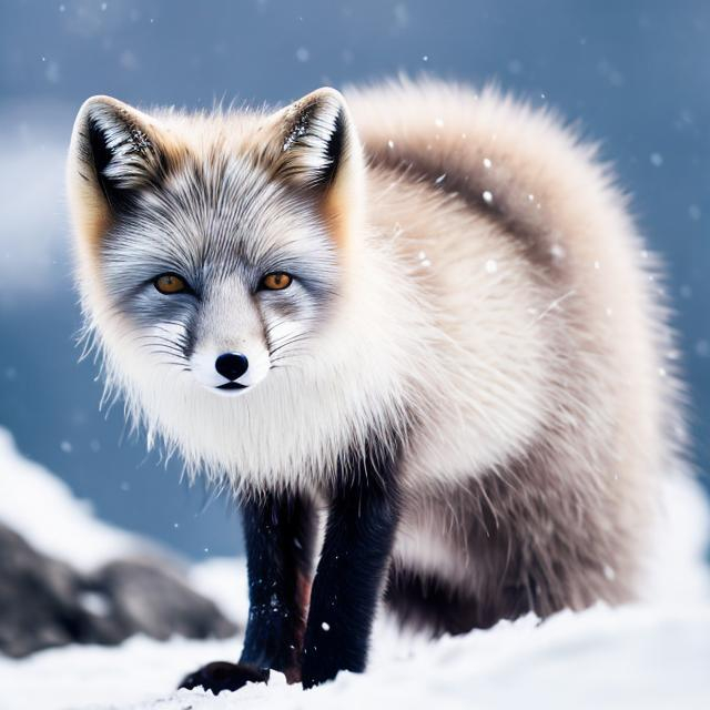 Prompt: Stunning arctic fox on mountain, blowing fur, high quality, realistic, cool tones, detailed fur, snowy landscape, majestic, white fox, mountain setting, natural lighting