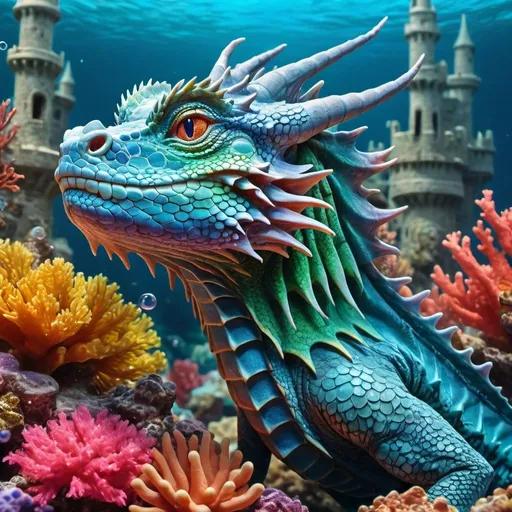 Prompt: Luxurious water dragon on coral reef underwater castle, vibrant aquatic colors, high resolution, detailed scales and eyes, realistic fantasy, majestic pose, clear water bubbles, dynamic ocean currents, colorful marine life, best quality, ultra-detailed, underwater fantasy, vibrant colors, majestic dragon, coral reef castle, dynamic bubbles, ocean currents, marine life