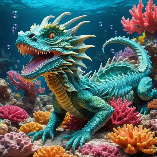 Prompt: Luxurious water dragon on coral reef underwater castle, vibrant aquatic colors, high resolution, detailed scales and eyes, realistic fantasy, majestic pose, clear water bubbles, dynamic ocean currents, colorful marine life, best quality, ultra-detailed, underwater fantasy, vibrant colors, majestic dragon, coral reef castle, dynamic bubbles, ocean currents, marine life