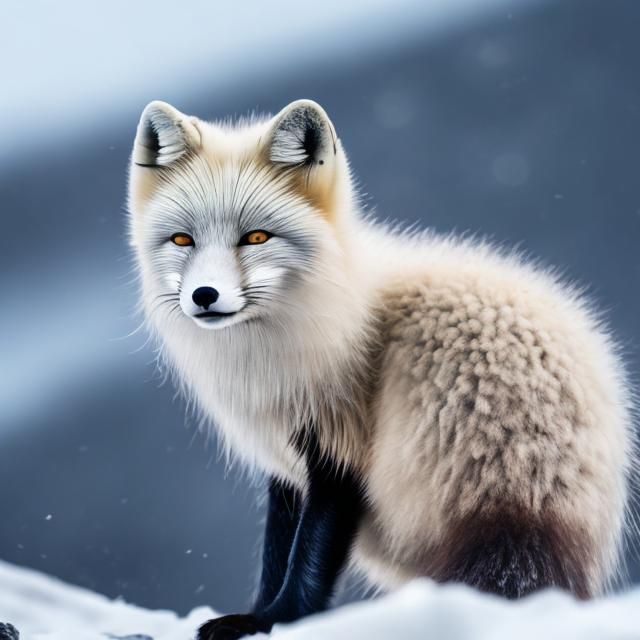 Prompt: Stunning arctic fox on mountain, blowing fur, high quality, realistic, cool tones, detailed fur, snowy landscape, majestic, white fox, mountain setting, natural lighting