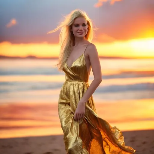 Prompt: blonde in a golden dress at a sunset on a beach