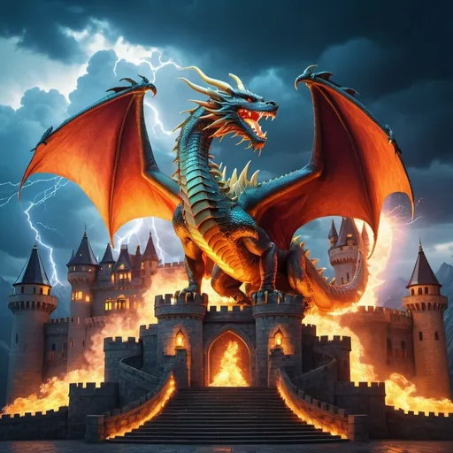 Prompt: Luxurious dragon atop castle, fire-breathing, lightning in background, high quality, detailed, fantasy, vibrant colors, majestic lighting, grand scale, 3D rendering, opulent design, dramatic atmosphere