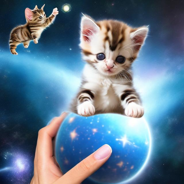Prompt: finger kitten with  puppy in space with stars 6k