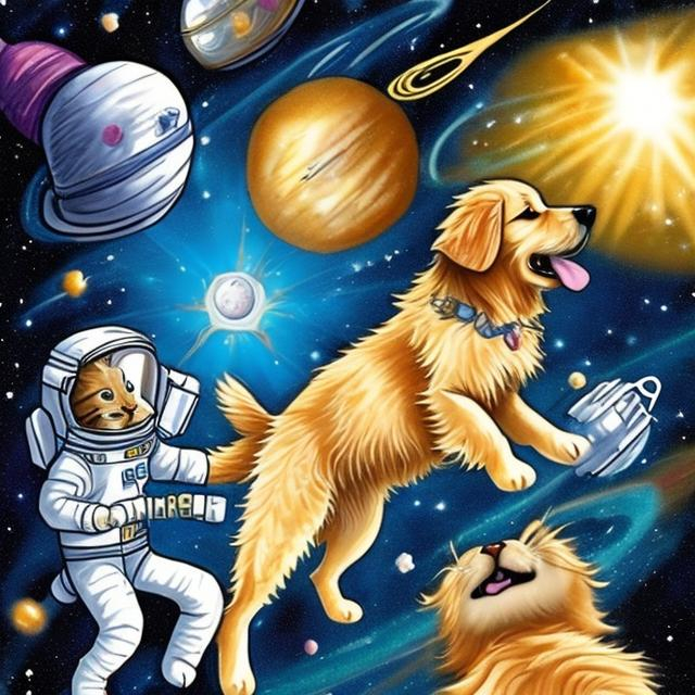 Prompt: shaggy golden retriever in space with kitten 7k
