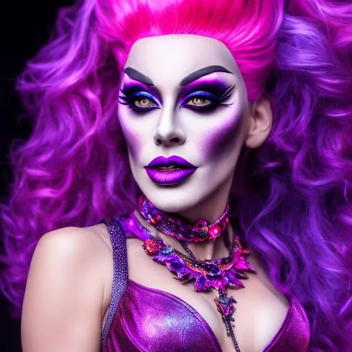 Prompt: Realistic drag queen with vibrant pink and purple makeup, high quality, 4k resolution, glamorous stage performance, detailed facial features, dramatic lighting, professional makeup, elaborate costume, vibrant colors, realistic, high-res, stage performance, detailed makeup, glamorous lighting, dramatic colors