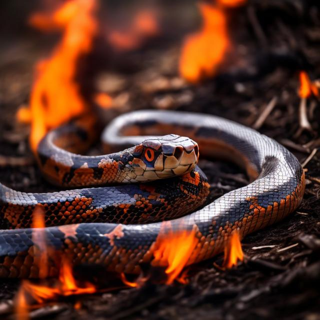 Prompt: bloody snake in burning ashes