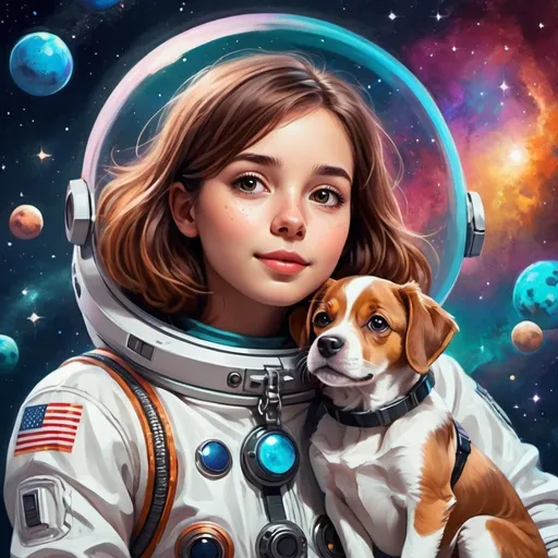Prompt: Cute brown-haired girl and her dog floating in space, vibrant colors, cosmic background, detailed facial features, high quality, digital art, cute and dreamy style, cosmic colors, glowing stars and galaxies, adorable dog with a space suit, futuristic technology, space exploration, vibrant and dreamy, highres, ultra-detailed, digital art, cute, cosmic, dreamy, detailed facial features, floating, space exploration, vibrant colors, futuristic technology, cosmic background, adorable dog
