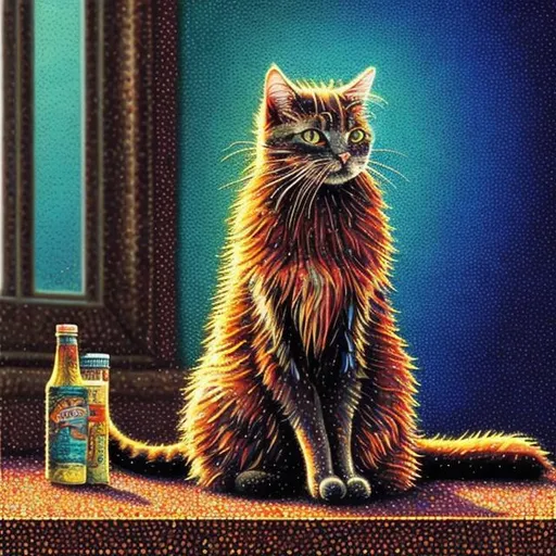 Prompt: Cat sitting on a table, pointillism art style, vibrant colors, detailed fur texture, textured background, high quality, artstyle-pointillism, vibrant colors, detailed fur, textured background, professional, atmospheric lighting