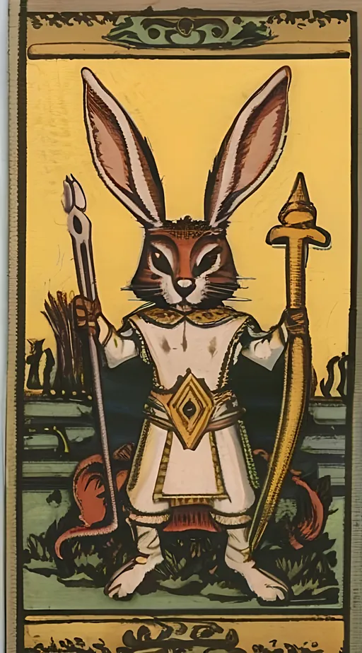 Prompt: Early medieval Tarot card style picture of a fierce rabbit