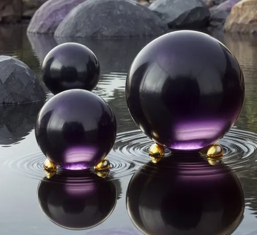 Prompt: PERFECTLY Smooth spheres made of obsidian, amethyst, and gold float in A reflection pool, high quality, compositional balance in quarters