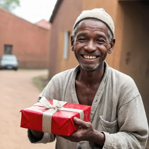 Prompt: Poor man in rags handing out a gift with a smile