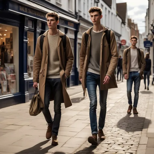 Prompt: Tall young men walking down the high street, detailed clothing, realistic, natural lighting