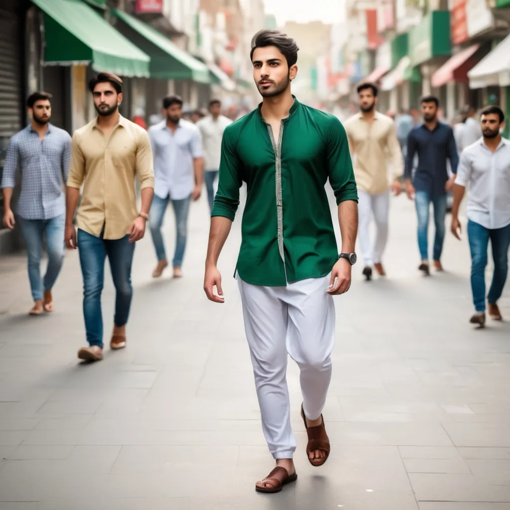 Prompt: young and handsome men have body look like pakistani person, different height,differnt look,similar shirt but dark green in color and white pant , walking down the high street, detailed clothing, realistic, natural lighting