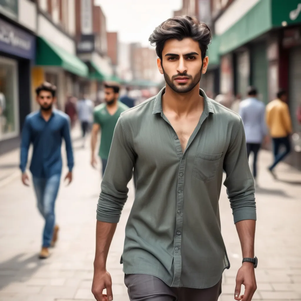 Prompt: young and handsome men have body look like pakistani person, different height,differnt look,  walking down the high street, detailed clothing, realistic, natural lighting