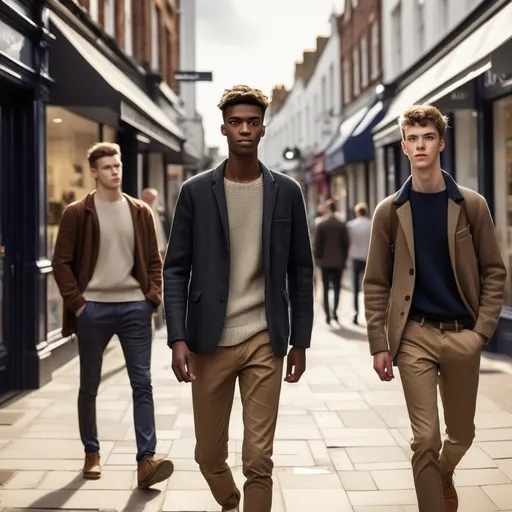 Prompt: Tall young men walking down the high street, detailed clothing, realistic, natural lighting