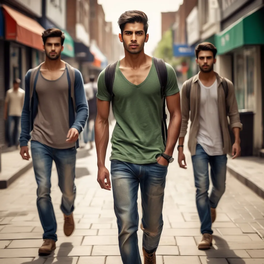 Prompt: moving as a stranger .young and handsome men have body look like pakistn all person in image should have different height  walking down the high street, detailed clothing, realistic, natural lighting