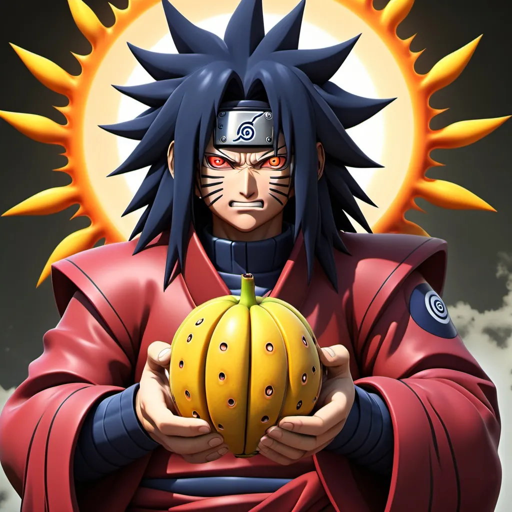Prompt: madara sun god nika gear 5 holding rubber fruit and noia undestructable phone