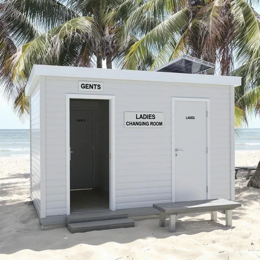 Prompt: Create an Image of a Changing Room/porta cabin for Ladies and Gents Having size 10ft by 20ft made up of waterproof aluminum composite panels on the outer side of the porta cabin hhaving no windows. The Porta cabin should have two entries with one door each, one for Gents and one for Ladies, one on the left side and one on the right. The cabin should mention Gents and Ladies Changing Room in front of the cabin. The Cabin should have FRP Benches placed in front of the cabin and should have solar panels visible on top of the cabin. The cabin should be place on beach shore under plam trees. U plain sheets 