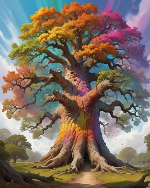 Prompt: Huge oak, colors running up trunk, upward, at top of trunk, color explodes, forming crown of tree, digital fantasy art, digital surrealism art, digital realism art.