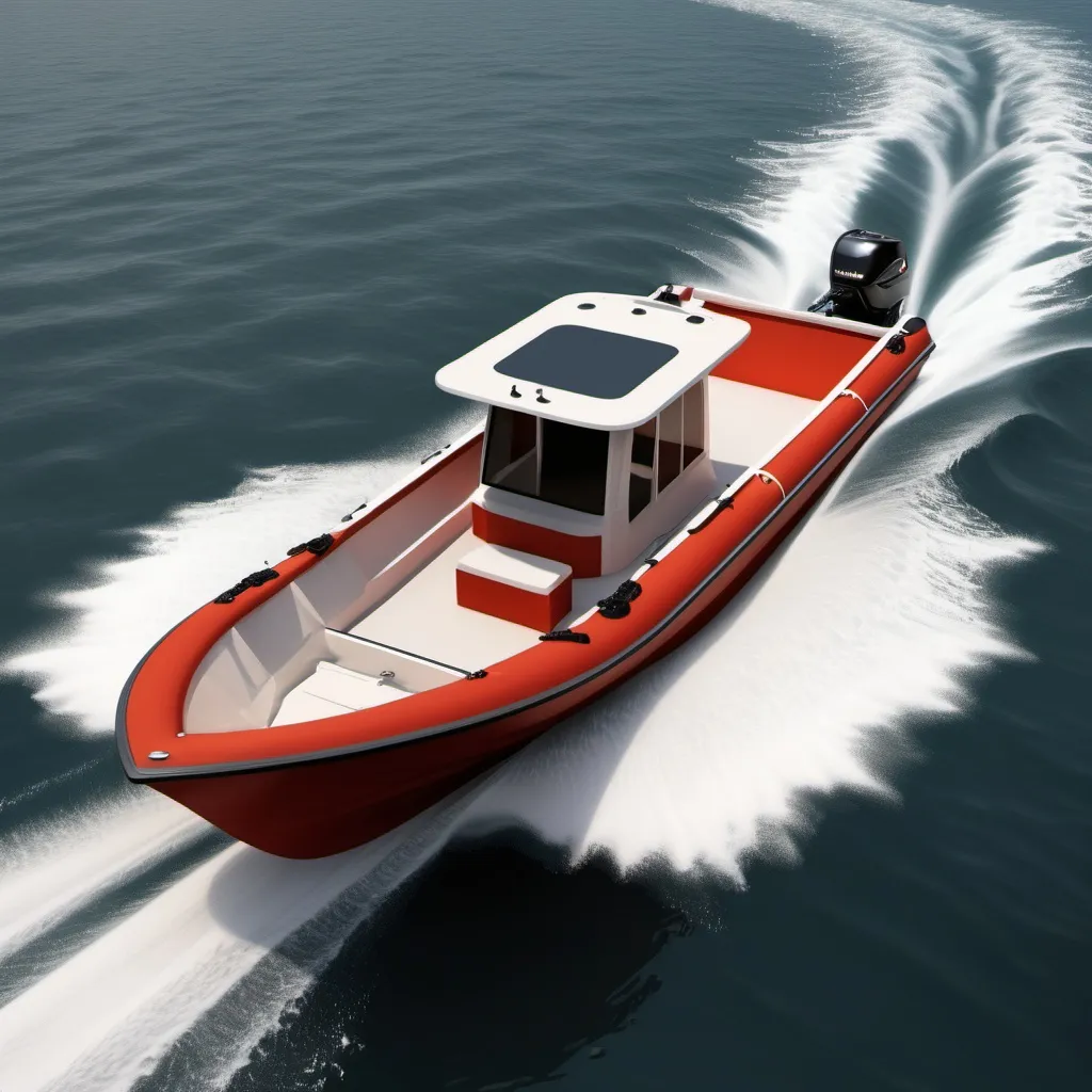 Prompt: I need a boat that is 25 feet long and 7 to 8 feet wide, with a side height of 3 feet. The draft should be suitable for navigating both shallow and deep waters, allowing it to cut through waves smoothly and remain balanced and streamlined. It should also be capable of entering shallow areas with a depth of 3 feet. Additionally, the boat should be open, with a storage compartment at the front, two storage compartments located below the midpoint of the boat, and a driver's cabin behind them. Behind the driver's seat, there should be two large storage compartments at the back of the boat, before the engine area, and directly behind the engine, there will be a small hatch. I also need to see the shape of the hull in the image or in a separate image