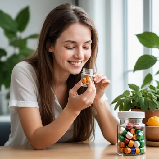 Prompt: LinkedIn Company Page Header Image Prompt Size: 1584 x 396 pixels
Young woman opening a glass container of vitamin capsules and enjoying the scent
A young, attractive woman, around 25 years old, with long brown hair and green eyes, is sitting at a table at home. She is holding a brown glass container filled with vitamin capsules. She opens the lid while a pleasant scent of fruits arose from the container. The woman smiles a smile of satisfaction and enjoyment, her eyes slightly closed. In the background of the image, you can see green plants, books on health and nutrition, and a glass of water.
