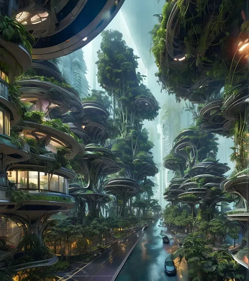 Prompt: Futuristic rainforest city with buildings that look like they have been grown as part of the tree, high up into giant trees, ornate organic looking art nouveau inspired structures with multicoloured glass, nature and technology in harmony, futuristic lighting, bright cheerful beautiful and serene, insanely detailed, sharp image, ArtStation, octane render
