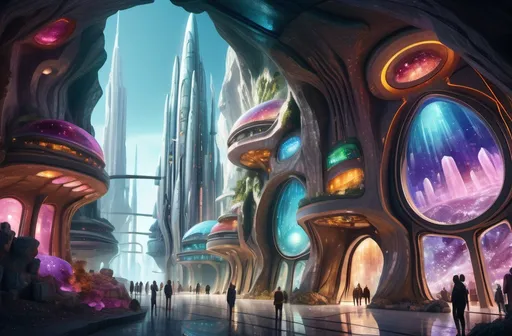Prompt: Wide cinematic view of a Subterranean city with manmade Buildings made from sparkling gemstone geodes and rock, no visible sky, completely underground, ornate art nouveau inspired structures with multicoloured glass windows, the ground is inlaid with gemstones, space port, nature and technology in harmony, futuristic gem coloured lighting, futuristic space shuttles, beautiful and serene, insanely detailed, sharp image, artstation, octane render