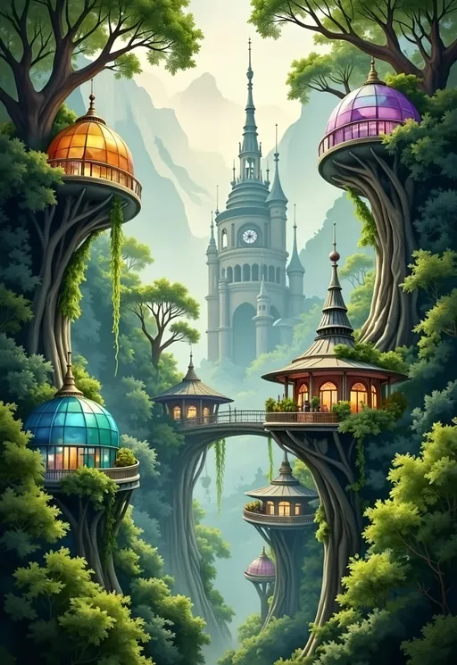 Prompt: Futuristic rainforest city with buildings that look like they have been grown as part of the tree, high up into giant trees, ornate organic looking art nouveau inspired structures with multicoloured glass, nature and technology in harmony, futuristic lighting, bright cheerful beautiful and serene, insanely detailed, sharp image, ArtStation, octane render
