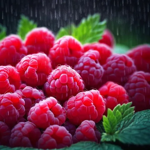 Prompt: Raspberries  over the rainy effect
