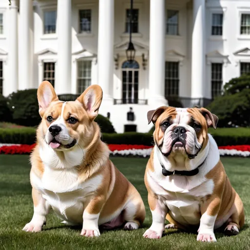 Prompt: Welsh corgi and English bulldog in front of the white house

