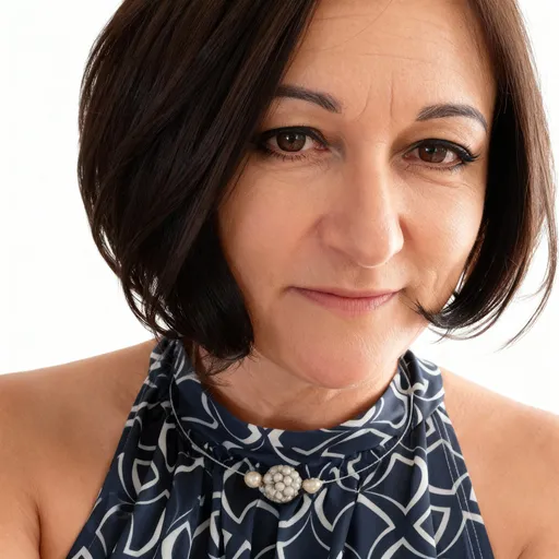 Prompt: A highly detailed, front-facing close-up portrait of a 38-year-old woman with a warm olive skin tone and straight, shoulder-length dark brown hair in a neat bob haircut. She has a soft oval face with subtle makeup including eyeliner that enhances her brown eyes, and a calm, grounded expression with a slight smile. Her naturally full eyebrows, faint expression lines around her eyes and mouth, and visible skin texture (including pores) are clearly rendered without any digital retouching. She is wearing a sleeveless halter-neck top with a navy blue base and a white geometric pattern of interlocking circles. The top fastens at the neck with a small round white button embellished with a pearl-like detail. The fabric appears smooth and slightly glossy, contrasting with the softness of her hair. The background is pure white, seamless, and textureless, softly lit with professional studio lighting that eliminates all shadows. Captured using an 85mm f/1.4 lens with shallow depth of field. Rendered in ultra-high 64k photorealism, the image is sharp and lifelike, focusing on facial expression, texture, and attire.

