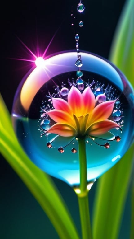 Prompt: macro photo, sparkling magical fantasy glass flower dewdrop, very detailed, amazing quality, intricate, cinematic light, highly detail, beautiful, surreal, dramatic, galaxy fantasy colors