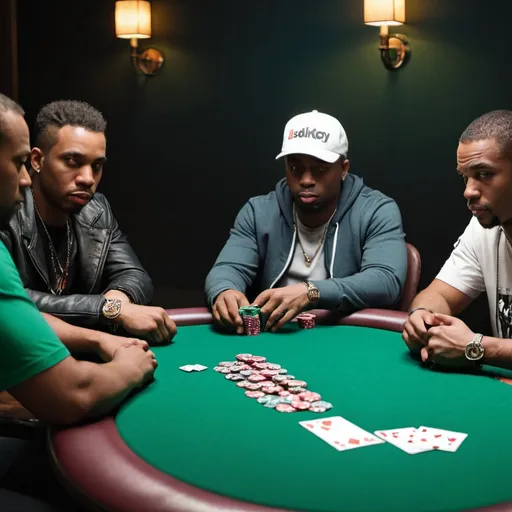 Prompt: image of 4 black poker players sitting opposite each other playing poker on a large green table 