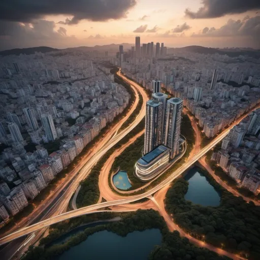 Prompt: Crie uma imagem de uma cidade flutuante situada entre as nuvens, apresentando uma visão futurista, porém acessível e não muito distante da realidade contemporânea. A cidade deve parecer dinâmica e vibrante, com edifícios arrojados e estruturas modernas.

Detalhes da Cidade:

Edifícios e Estruturas:
Incorporar arranha-céus com designs futuristas, com formas curvas, vidros espelhados e iluminação LED que muda de cor.
Introduzir pontes suspensas, passarelas elevadas e plataformas de observação conectando diferentes partes da cidade.
Incluir jardins suspensos e telhados verdes para adicionar elementos naturais ao ambiente urbano.
Transporte:
Apresentar veículos voadores, como carros e ônibus, circulando entre os edifícios.
Mostrar drones e outras formas de transporte autônomo navegando pelos céus da cidade.
Ambiente Natural:
Destacar a presença de nuvens volumosas e coloridas ao redor da cidade, criando um contraste impressionante com as estruturas urbanas.
Incluir um céu ao amanhecer ou entardecer para adicionar uma paleta de cores vibrantes e dramáticas à cena.
Cores e Iluminação:
Utilizar uma paleta de cores chamativas e saturadas, como tons de azul elétrico, rosa neon, verde limão e laranja vibrante.
Incorporar iluminação dinâmica nos edifícios e nas ruas, com luzes neon e projeções de hologramas.
Elementos Adicionais (Opcionais):

Adicionar pessoas interagindo na cidade, como caminhando pelas ruas, utilizando os transportes ou apreciando a vista em mirantes.
Incorporar elementos de tecnologia avançada, como painéis solares, turbinas eólicas e sistemas de coleta de água da chuva.
Estilo Artístico e Técnico:

Optar por um estilo de arte digital, com traços definidos e texturas detalhadas.
Garantir uma composição equilibrada, com foco no centro da imagem para capturar a atenção do espectador.
Aplicar efeitos de profundidade e perspectiva para criar uma sensação de imensidão e altura.