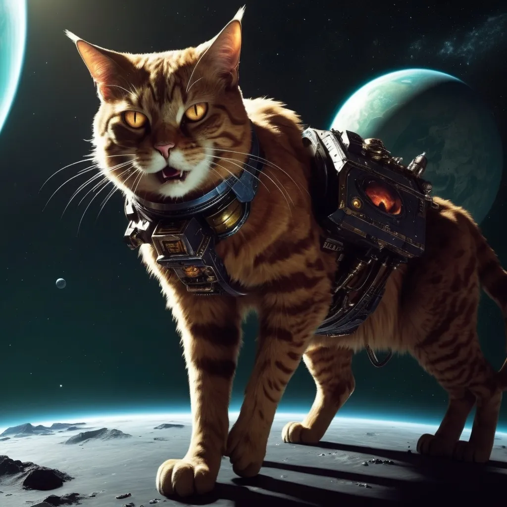 Prompt: A giant cat devoring a planet in space warhammer 40k