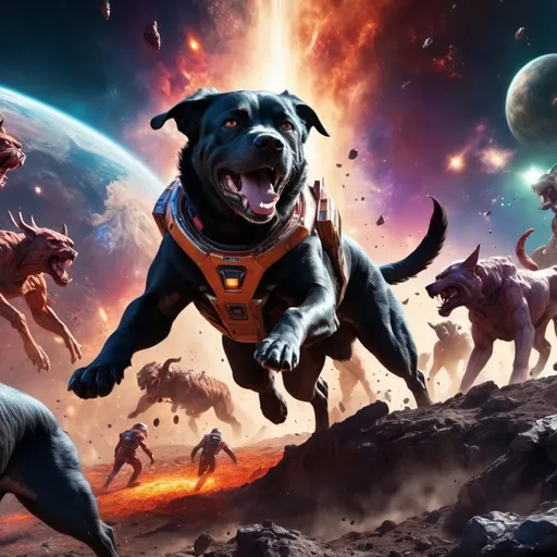 Prompt: (huge space dog battling a horde of demons in space), enormous rock smashing into Earth, vibrant colors, intense lighting, cinematic masterpiece, epic and dramatic, chaotic atmosphere, detailed futuristic space background, cosmic battlefield, earth seen from space, high contrast, powerful expressions, dynamic poses, ultra-detailed, 4K, high quality, unparalleled depth and dimensionality