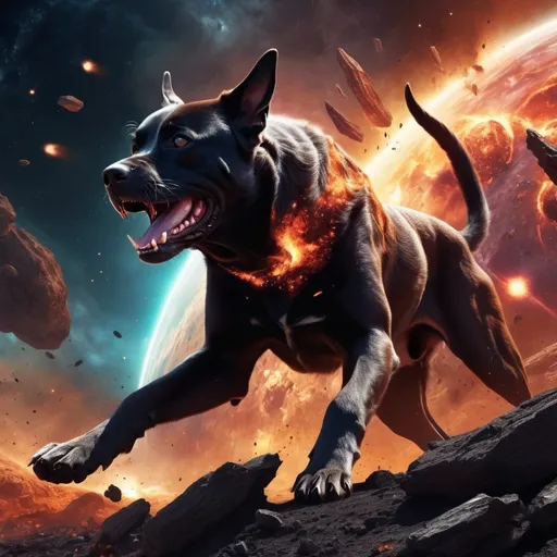 Prompt: Huge Space dog battling a horde of Demons in space near earth while an enormous rock smashes into the planet