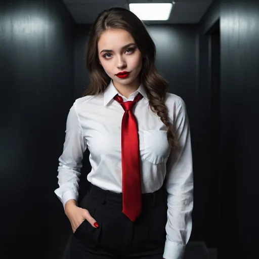 Prompt: A pretty girl is holding a man's tie. The girl is wearing a white shirt and black pants. The girl has bold red lipstick. The man has a suit. They are in a dark room with little light.