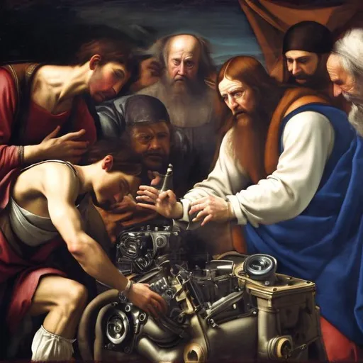 Prompt: renaissance painting of a man trying to fix a modern engine