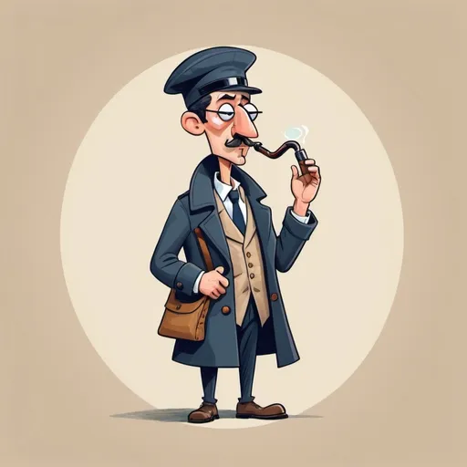 Prompt: a cartoonized French man with baguette on his head with a  pipe, nose, trench coat who is short and has a magnifying glass sticking out of his pocket