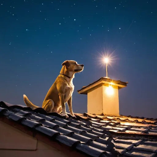 Prompt: a dog is sitting on the roof, with millions starts shining in the sky