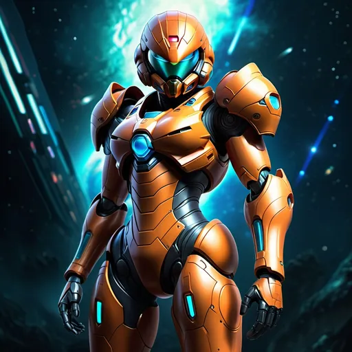 Prompt: (realistic image of Samus Aran, detailed armor design, dynamic pose, sleek and futuristic exosuit, vibrant tones with dramatic lighting, sci-fi background with distant planets or space elements, high definition, ultra-detailed, captivating atmosphere, evoking strength and heroism, cinematic composition, action-oriented)